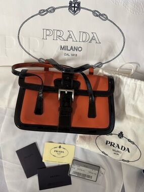 Vintage Prada deep pink/orange patent double handle mini Bag w/cards & dust bag